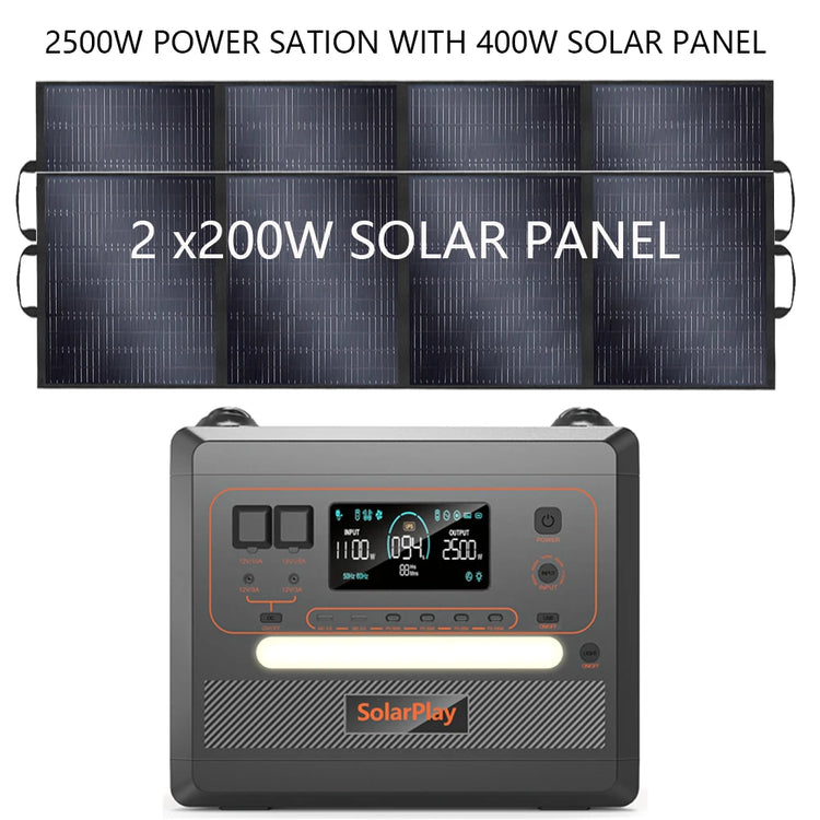 SOLARPLAY Q2402M Outdoor Powerstation 2400W – MPPT Portable Generator met 1/2x 200W Opvouwbare Zonnepanelen & Trolley - Survivalpoint.online