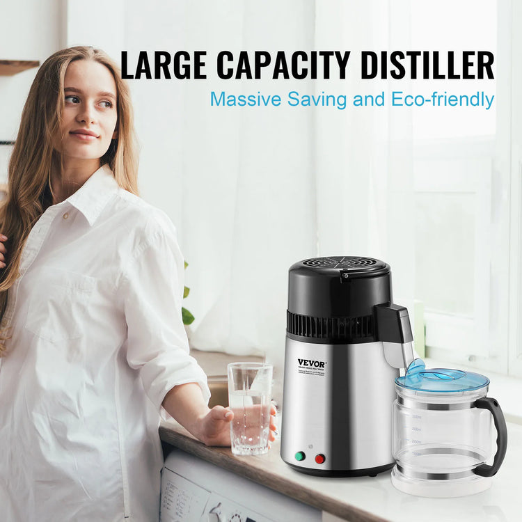 VEVOR 4L Waterdestilleerder – 750W RVS Waterzuiveringsapparaat met Glazen Karaf - Survivalpoint.online
