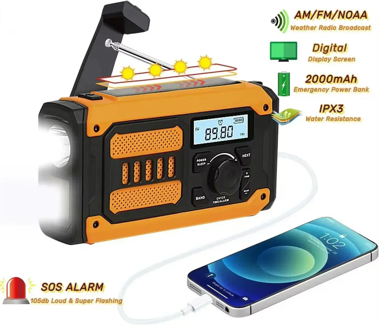 Noodradio met Zonnepaneel, Powerbank & Zaklamp – AM/FM - Survivalpoint.online