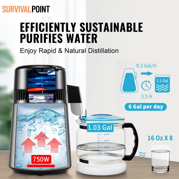 VEVOR 4L Waterdestilleerder – 750W RVS Waterzuiveringsapparaat met Glazen Karaf - Survivalpoint.online