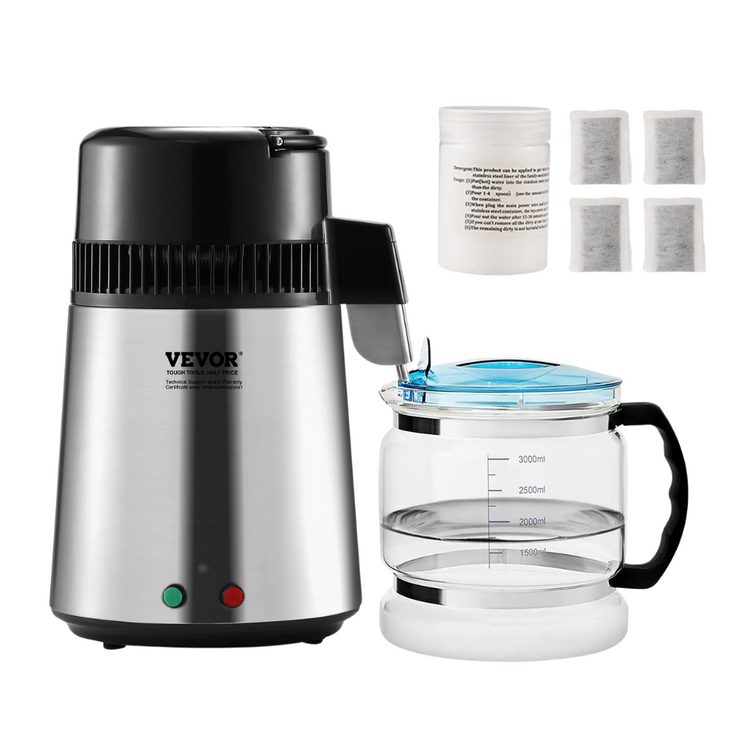 VEVOR 4L Waterdestilleerder – 750W RVS Waterzuiveringsapparaat met Glazen Karaf - Survivalpoint.online