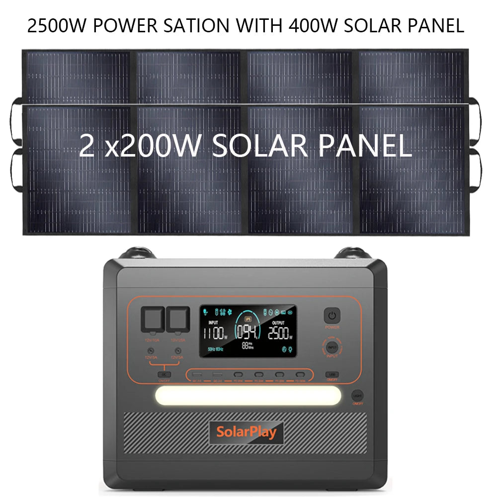 SOLARPLAY Q2402M Outdoor Powerstation 2400W – MPPT Portable Generator met 1/2x 200W Opvouwbare Zonnepanelen & Trolley - Survivalpoint.online