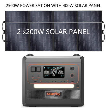 SOLARPLAY Q2402M Outdoor Powerstation 2400W – MPPT Portable Generator met 1/2x 200W Opvouwbare Zonnepanelen & Trolley - Survivalpoint.online