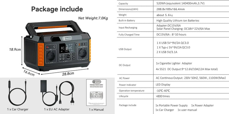 Flashfish 560W Power Station – Draagbare Zonnegenerator 520Wh - Survivalpoint.online