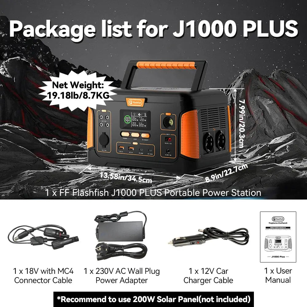 Flashfish J1000 PLUS 1000W – 932Wh Solar Generator met USB-C & DC - Survivalpoint.online